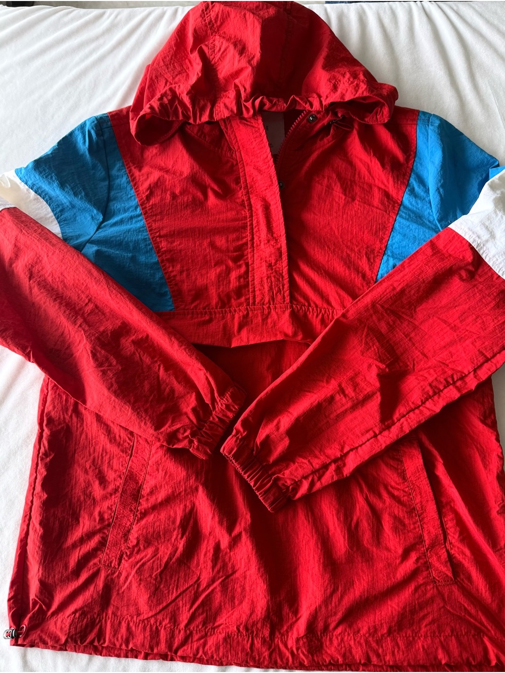 Zine Clothing Red Hooded Pullover Jacket with Blue & White Accents